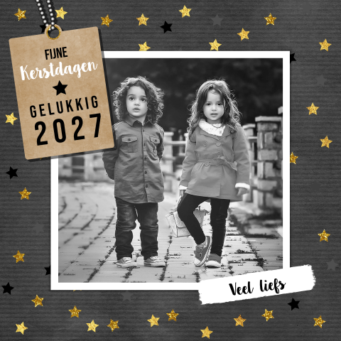 Stoere kerstkaart met foto en gouden sterren 2027